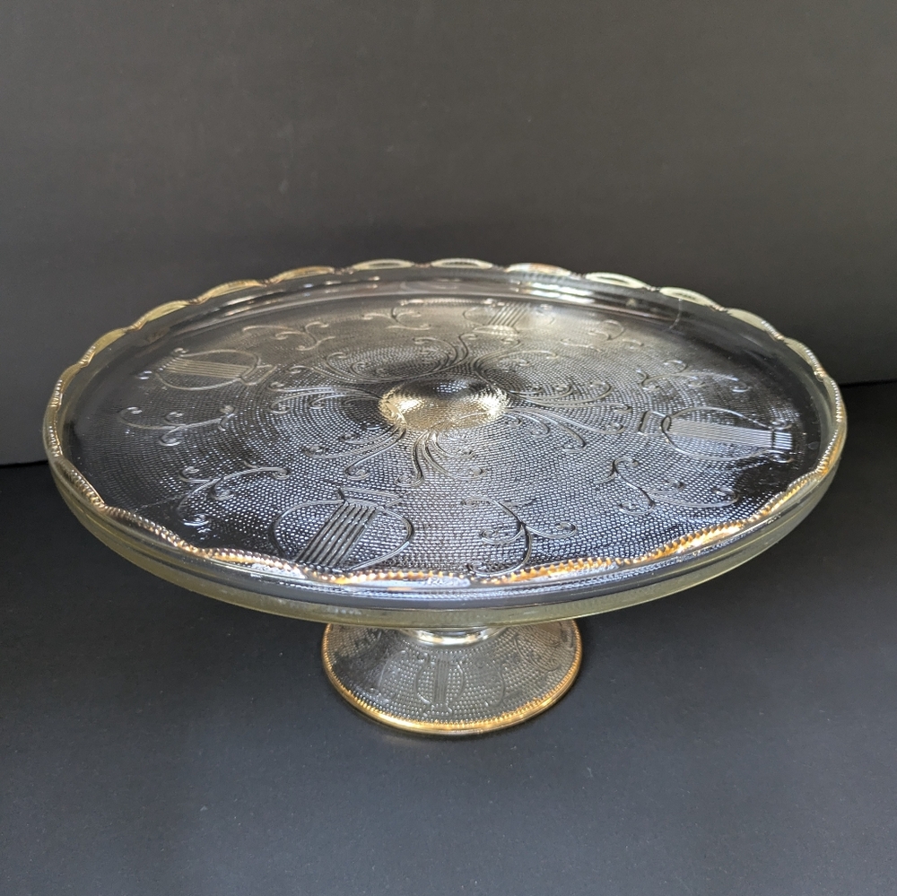 1950's Jeannette Glass Harp Pedestal Cake Stand Dessert Server Tray Vintage
